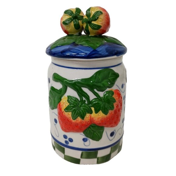 Vintage Ceramic Embossed 3D Strawberry Design Kitchen Storage Container With Lid - Picture 1 of 11